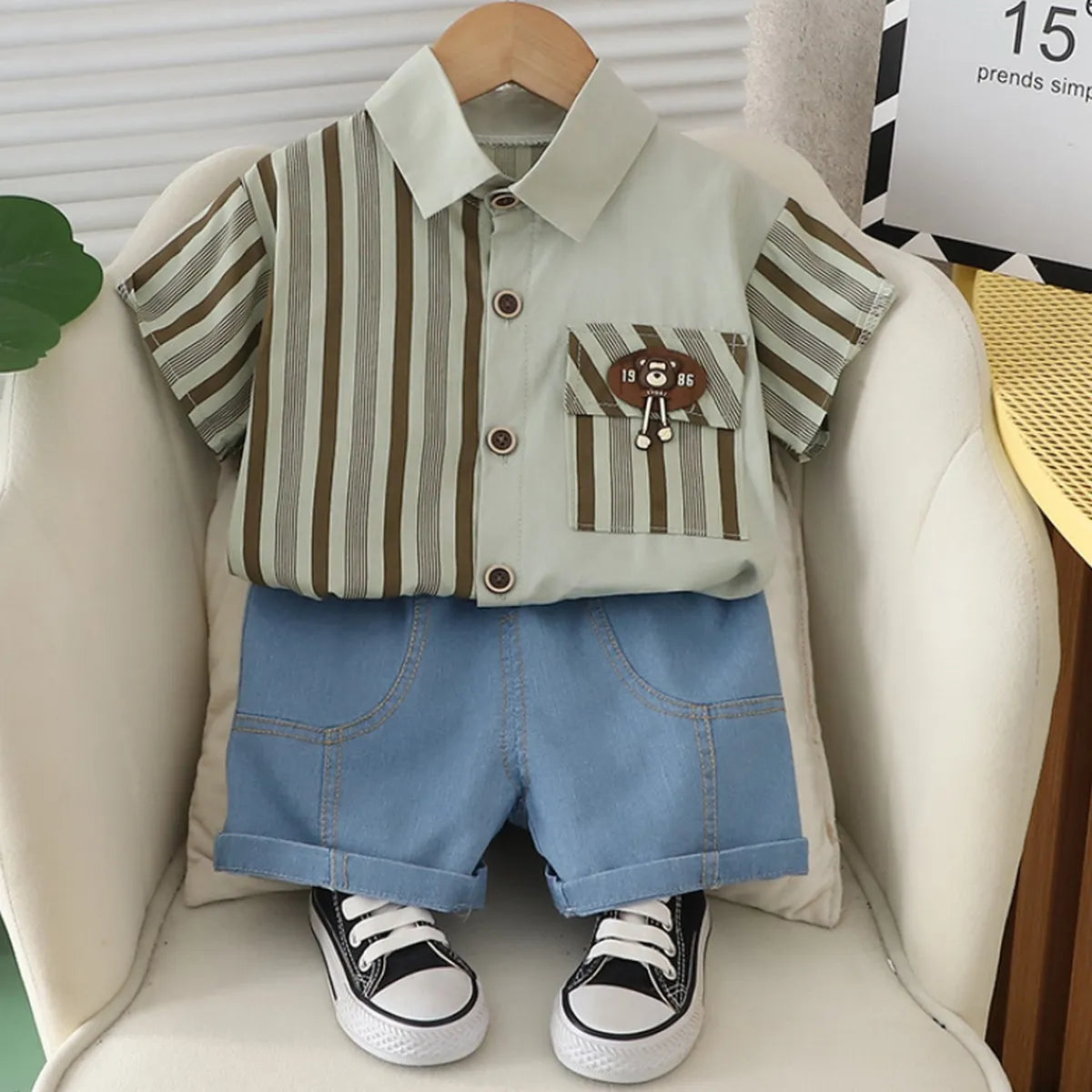 Striped Bear Pocket Shirt & Denim Shorts β Sage Edition